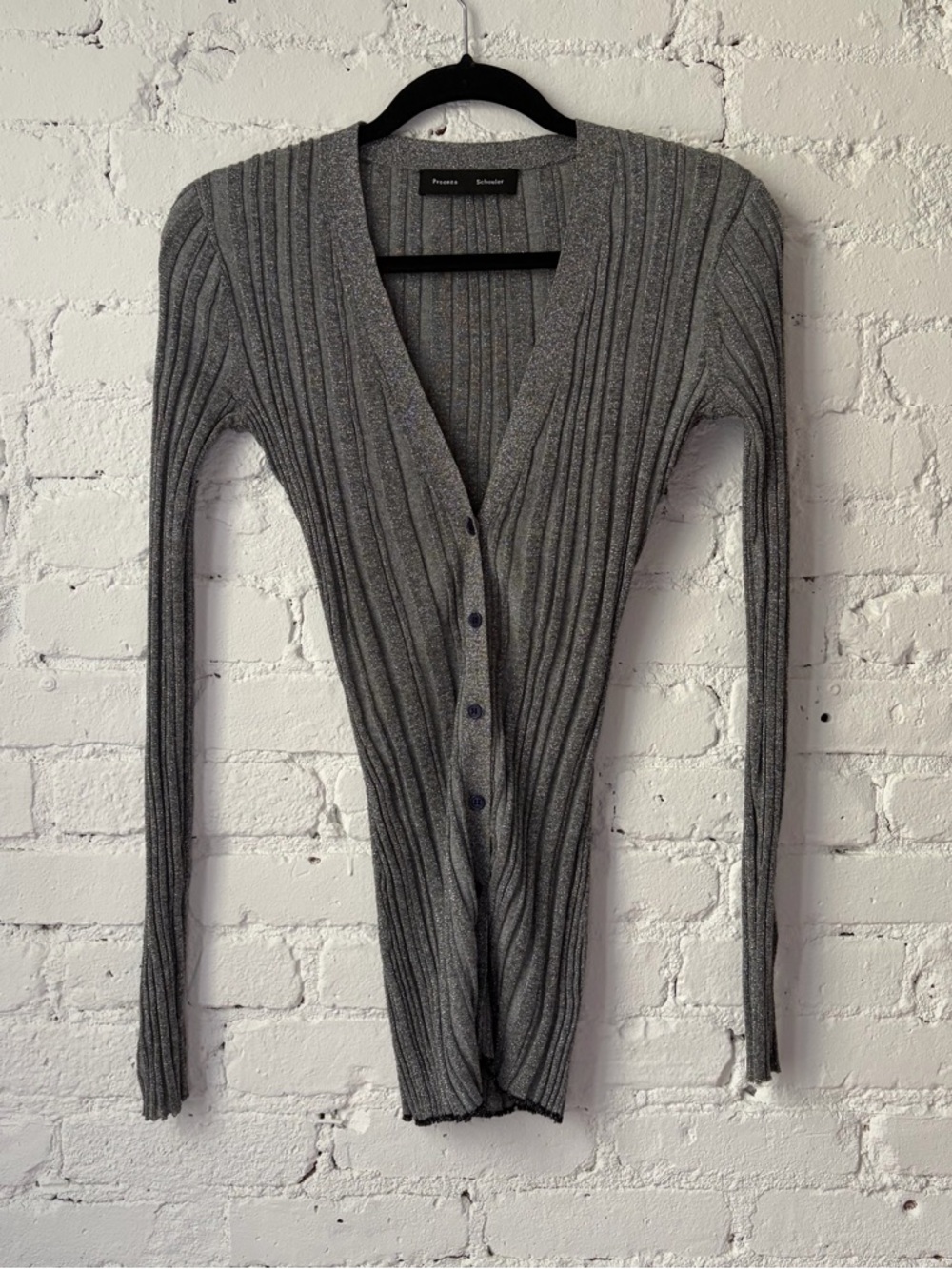 PROENZA SCHOULER Ribbed Metallic Gray Long-Sleeve Knit Cardigan - 90s Gwyneth!